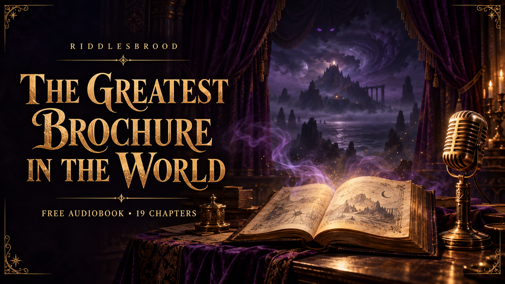 Purple-and-gold artwork with an open book, antique microphone, and eerie island, promoting The Greatest Brochure in the World free audiobook in 19 chapters.