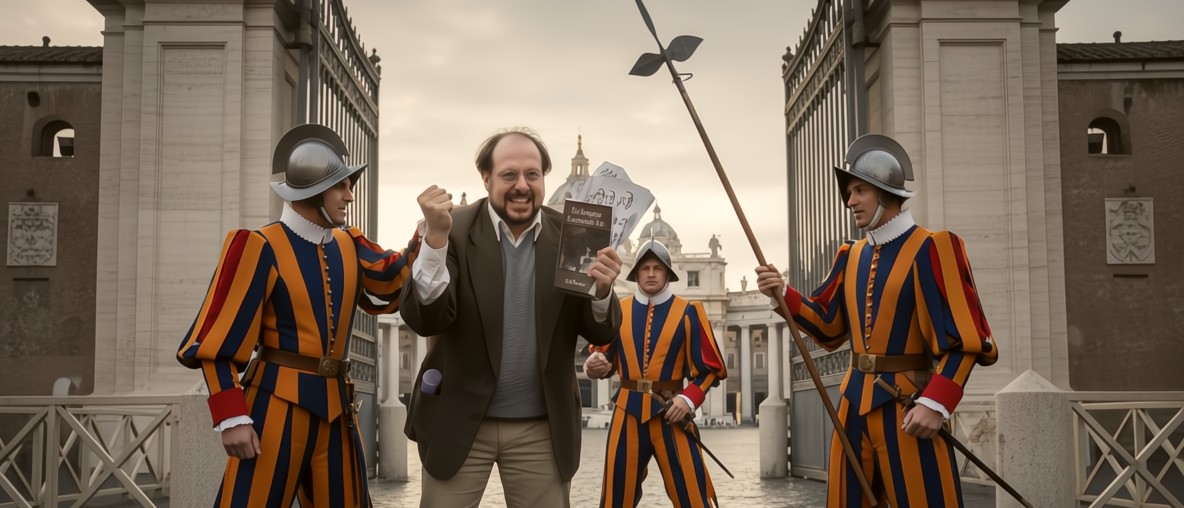 Hysterical historian shouting about lost secrets in Vatican